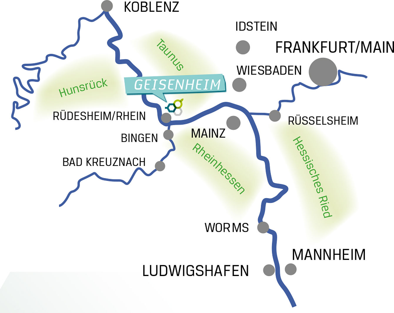 Eine Karte, die die Lage der Hochschulstadt Geisenheim zwischen Koblenz und Frankfurt zeigt.