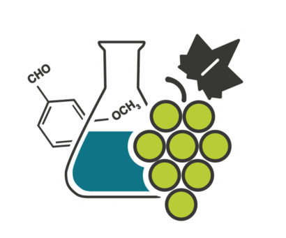 Logo Aromaplus bestehend aus Reagenzglas und Trauben