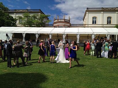 Hochzeitsgäste und Brautpaar auf der Wiese