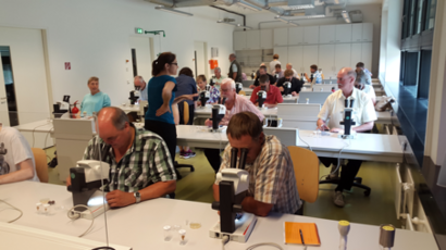 Männer sitzen am Mikroskop