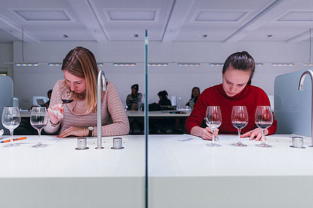 Zwei junge Frauen sitzen in einem modernen Sensorikraum und beurteilen Rotweine. © Hochschule Geisenheim / Steffen Boettcher