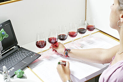 Rotweingläser und Laptop 