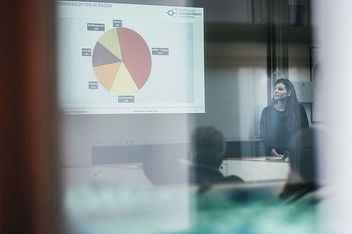 Eine junge Frau hält eine Präsentation in einem Hörsaal. © Hochschule Geisenheim / Steffen Boettcher