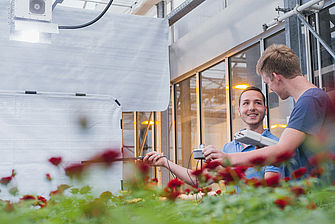 Zwei junge Männer stehen in einem Gewächshaus und messen die Lichteinstahlung auf Rosen.  © Hessen schafft Wissen / Steffen Boettcher