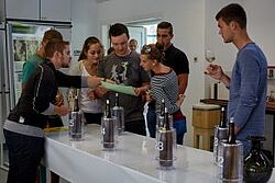 Studenten betrachten Weine