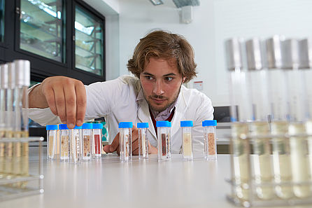 Ein junger Mann im Laborkittel hantiert mit Abklatsch-Proben. © Hochschule Geisenheim / ppsstudios.com